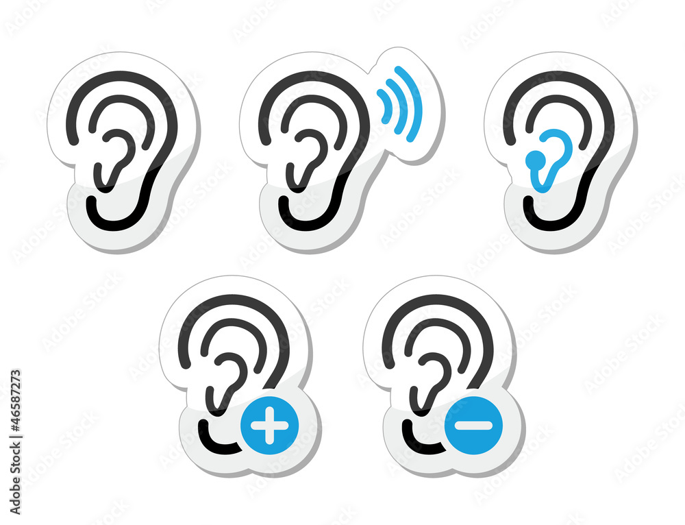Ear hearing aid deaf problem icons set as labels Ear hearing aid deaf problem icons set as labels