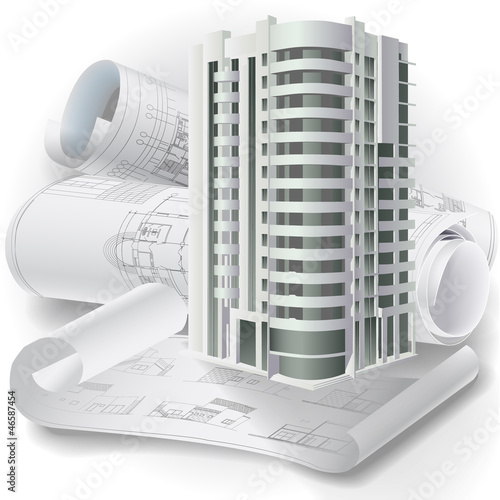 Architectural background with a 3D building model