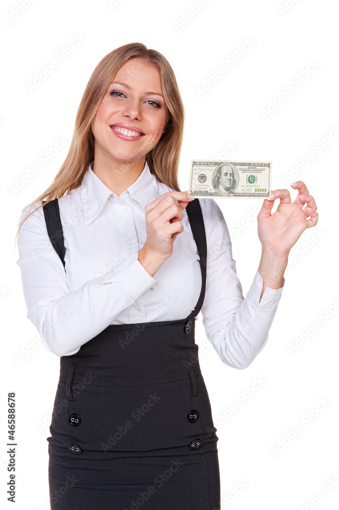 woman showing american dollars and smiling woman showing american dollars and smiling
