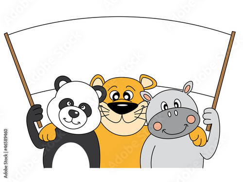 Animales sujetando un cartel en blanco