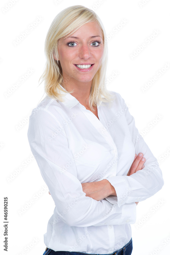Blonde Frau in weißem Hemd und gkreuzten Armen Blonde Frau in weißem Hemd und gkreuzten Armen