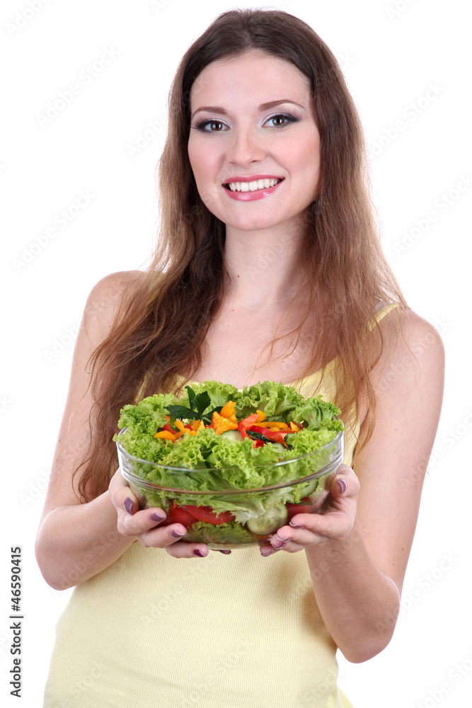 Beautiful woman with vegetable salad isolated on white Beautiful woman with vegetable salad isolated on white