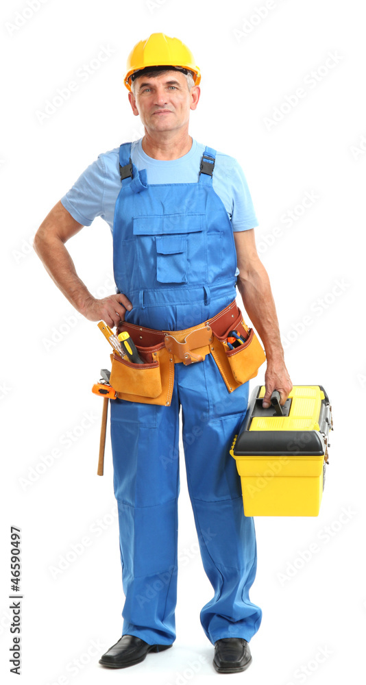 Male builder in yellow helmet isolated on white Male builder in yellow helmet isolated on white