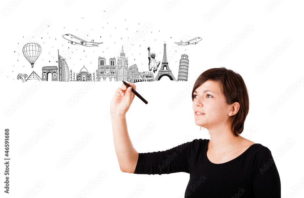 Young woman drawing famous cities and landmarks on whiteboard Young woman drawing famous cities and landmarks on whiteboard