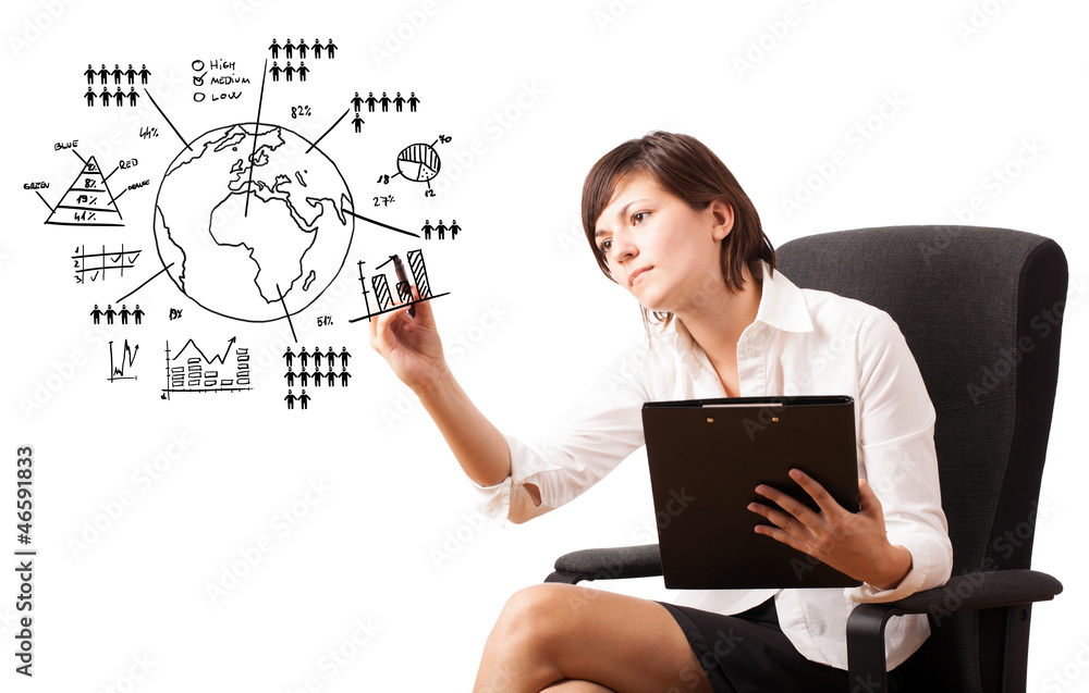 Young woman drawing globe with diagrams isolated on white Young woman drawing globe with diagrams isolated on white
