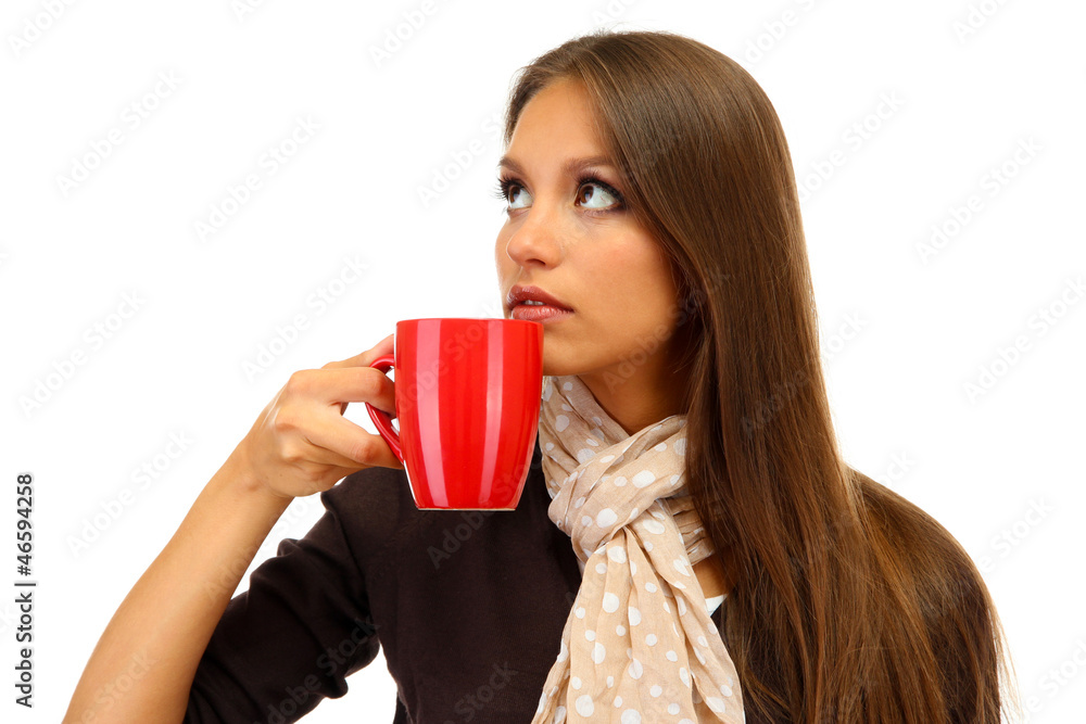 beautiful young woman with cup of coffee, isolated on white beautiful young woman with cup of coffee, isolated on white