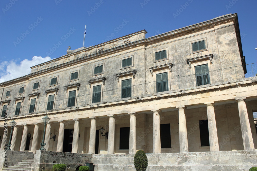 	 Palace of St Michael and St George classic Greek architecture in Corfu with columns and pillars	