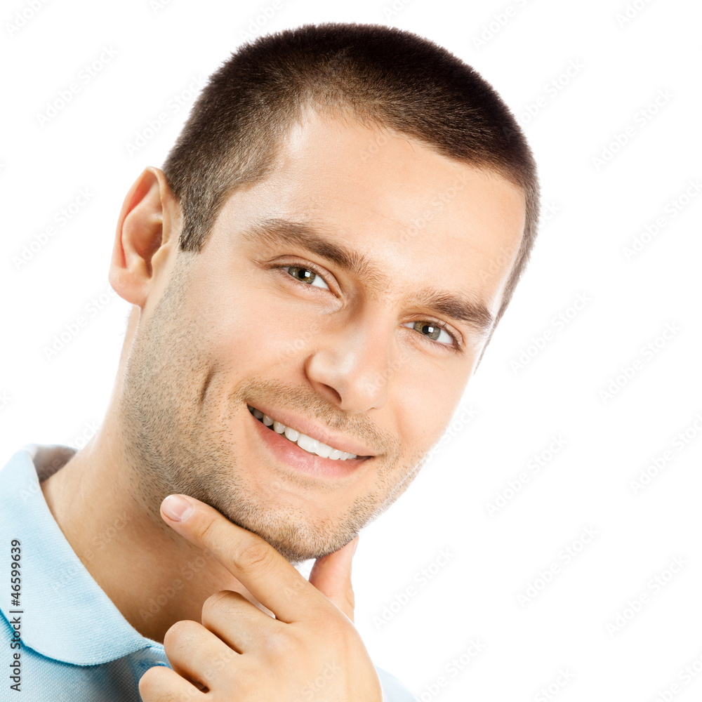 Cheerful thinking young man, over white Cheerful thinking young man, over white