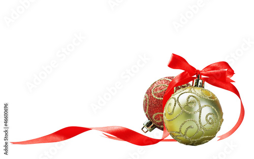 Christmas ball with red bow and ribbon isolated on a white backg