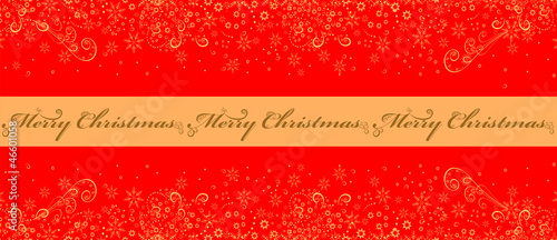 Christmas red background with snowflakes and golden ribbon.