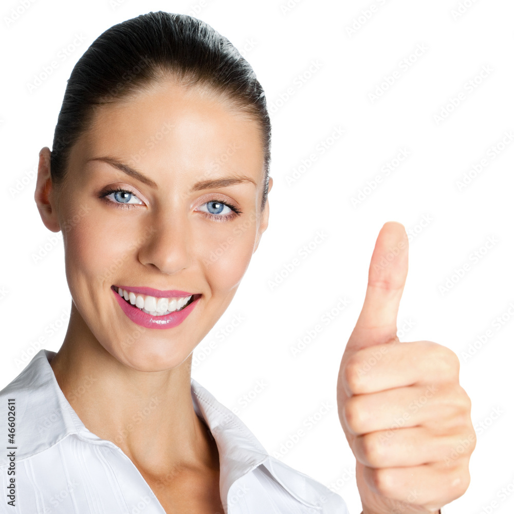 Businesswoman with thumbs up, on white Businesswoman with thumbs up, on white