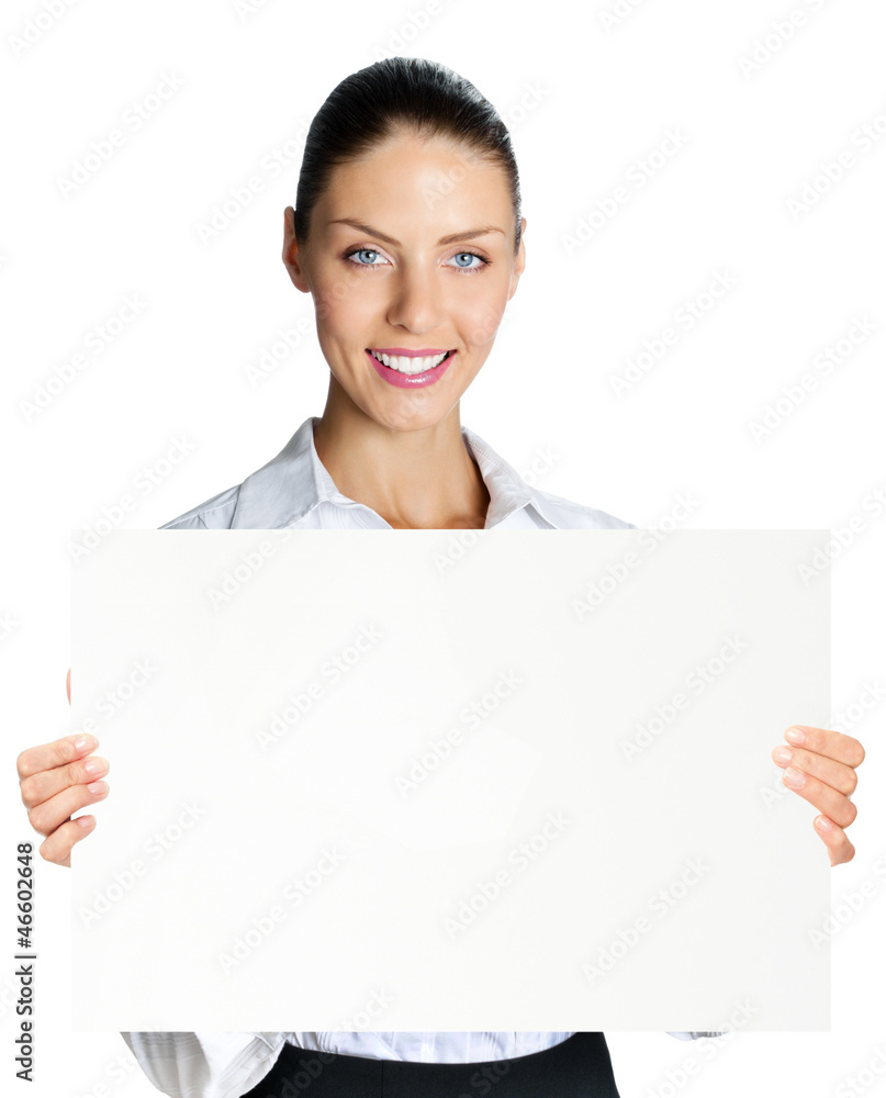 Cheerful business woman showing blank signboard, over white Cheerful business woman showing blank signboard, over white
