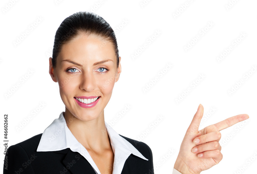Cheerful businesswoman showing, over white