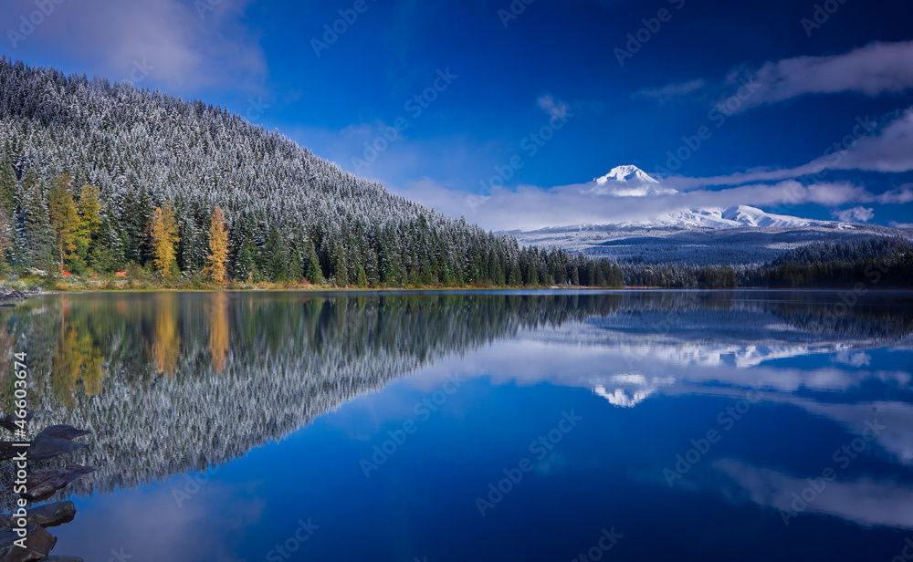 Scenic view of snow capped Mount and its reflection in lake