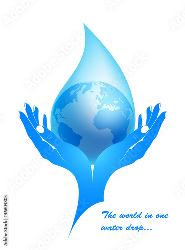 Earth in a water drop in female hands.