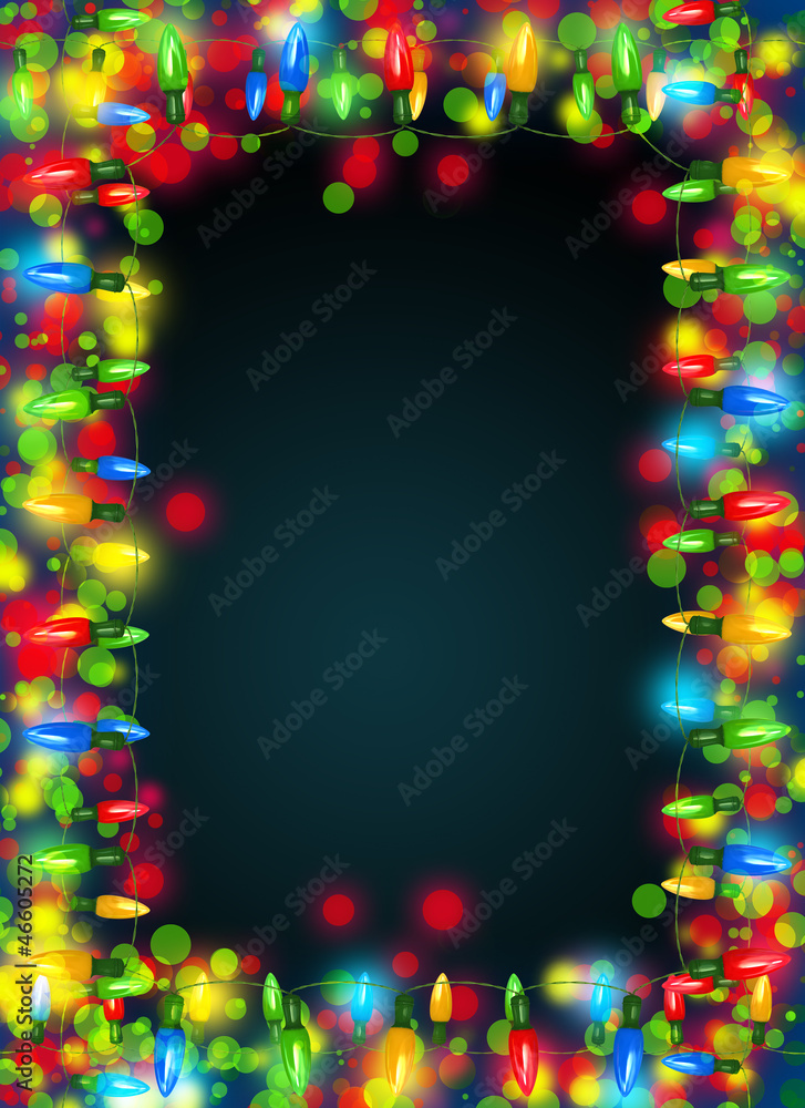 Christmas lights frame on dark background.Decorative garland