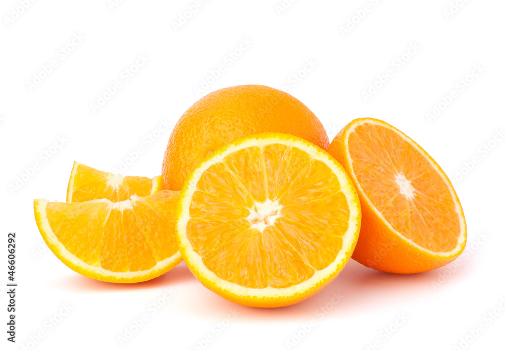 Sliced orange fruit segments isolated on white background Sliced orange fruit segments isolated on white background