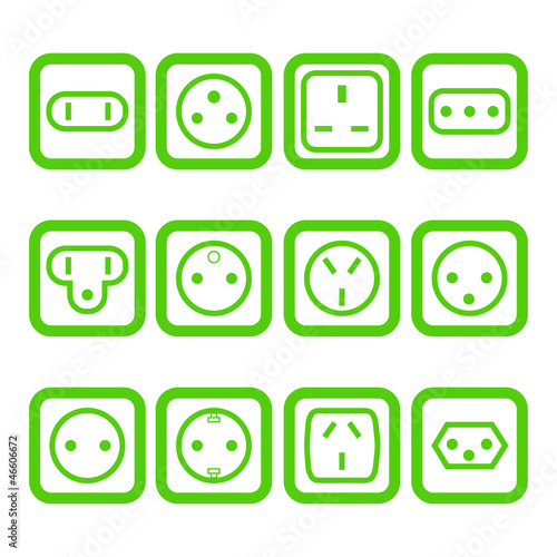Set of 12 types of electricity outlets for different countries