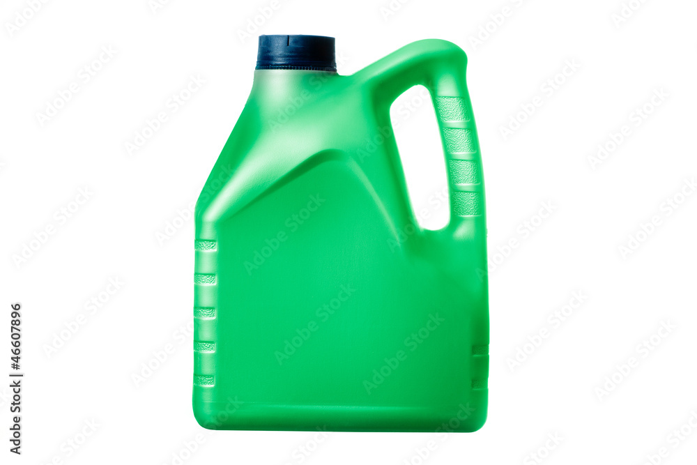 green canister with machine oil on white background