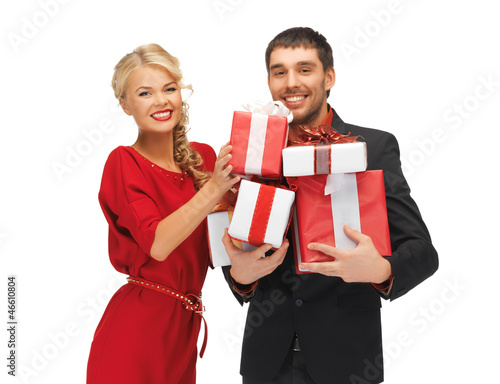man and woman with gift boxes