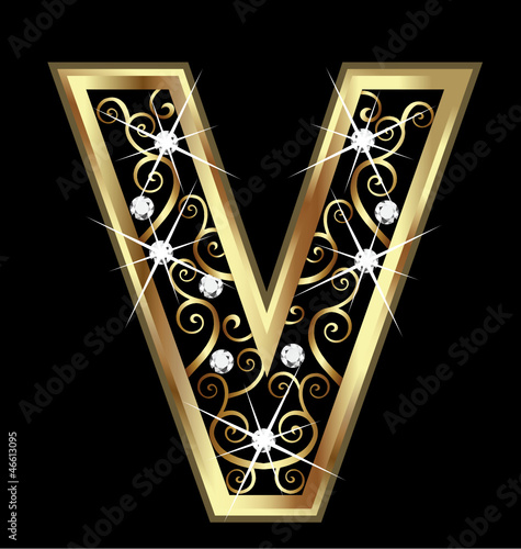 V gold letter with swirly ornaments vector
