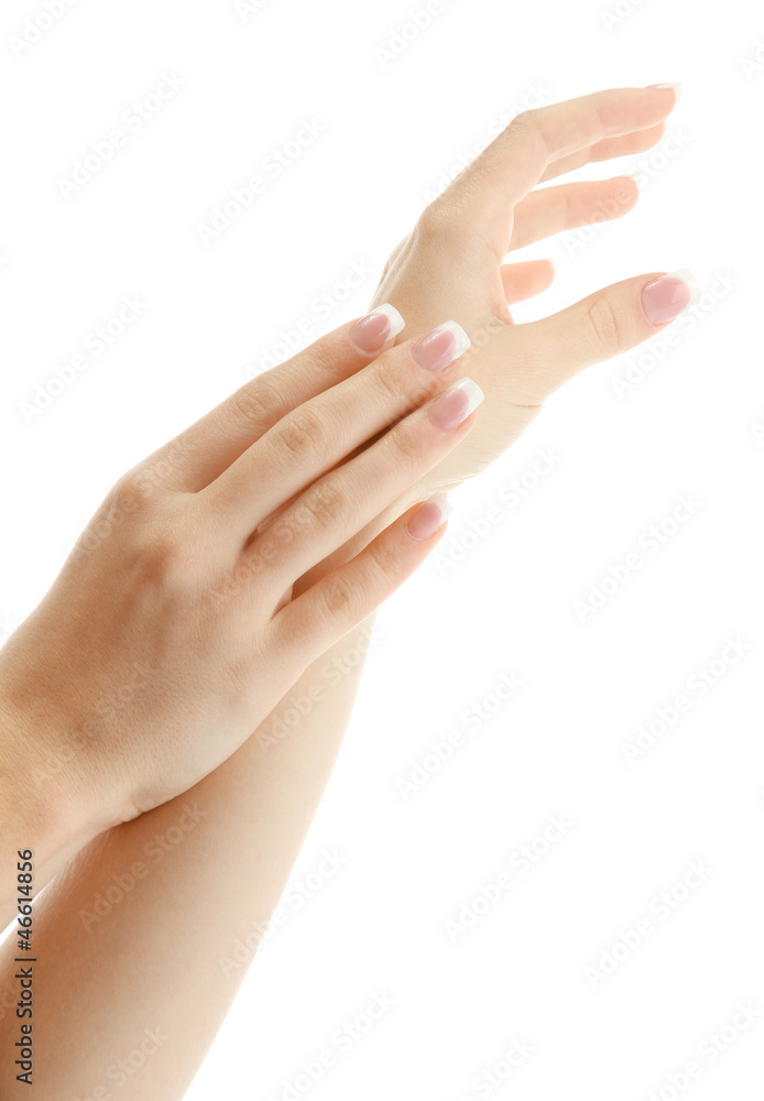 Beautiful woman hands with french manicure, isolated on white