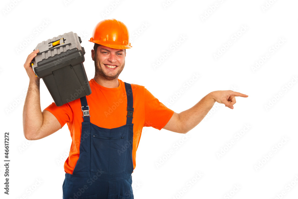 Happy worker man indicate Happy worker man indicate