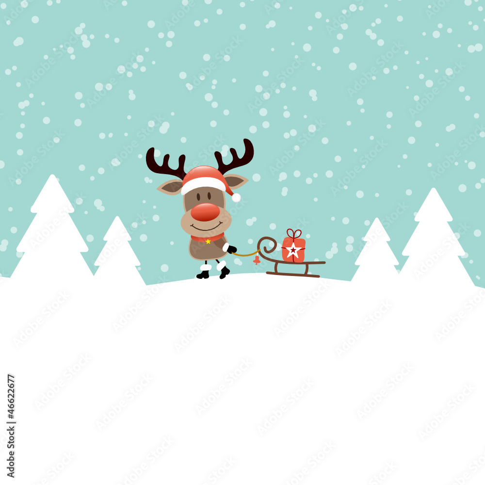 Xmas Rudolph Pulling Sleigh With Gift Retro
