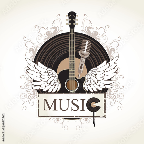 banner with an acoustic guitar and a gramophone record