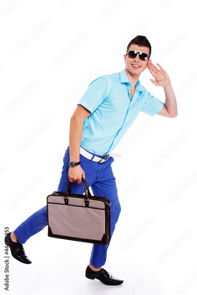 Portrait of handsome man posing on black background with bag Portrait of handsome man posing on black background with bag