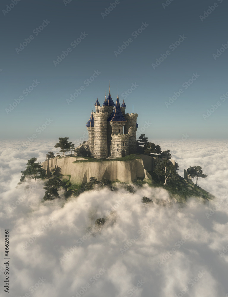 Castle on the mountain in the clouds