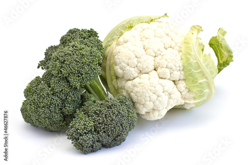 Fresh uncooked cauliflower and broccoli isolated on white