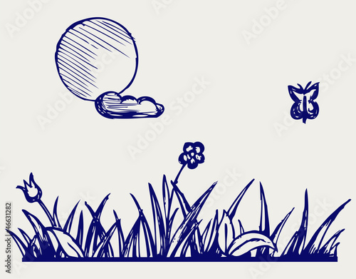 Grass and flower. Doodle style