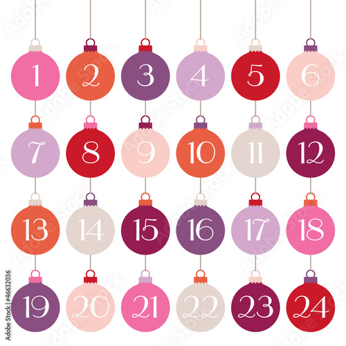 Advent Calendar Hanging Christmas Balls Red/Pink/Purple White