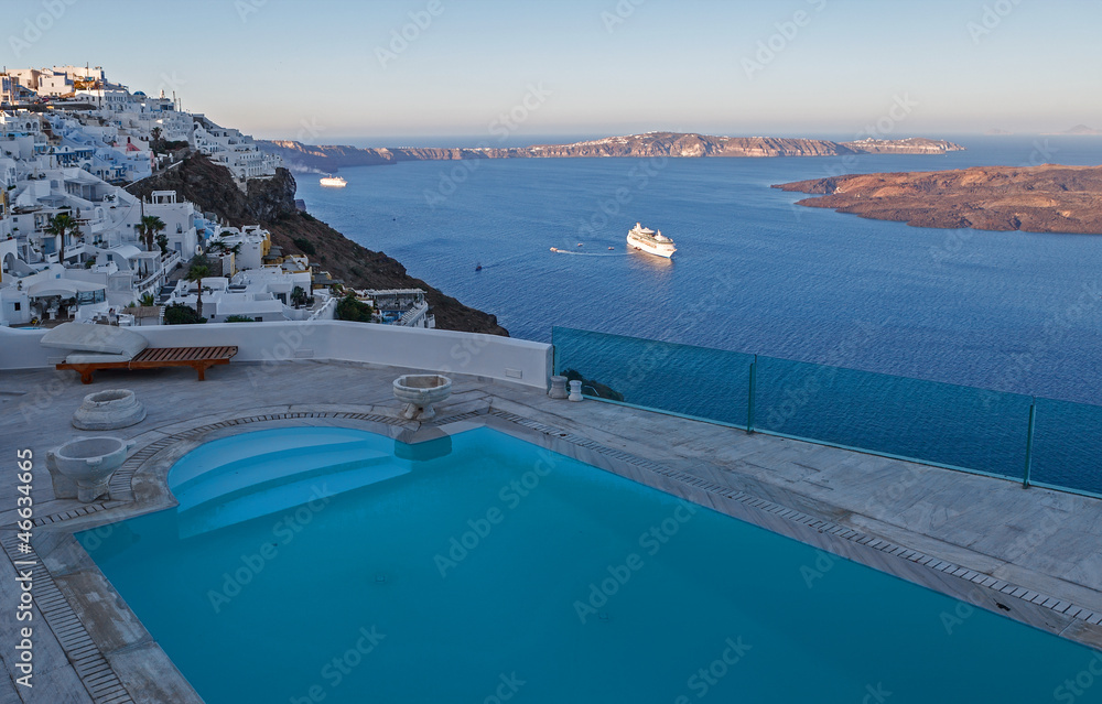 The turquoise pool of a hotel. Santorini. Greece.