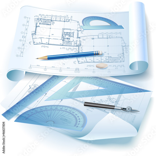 Architectural background with drawing tools and drawings