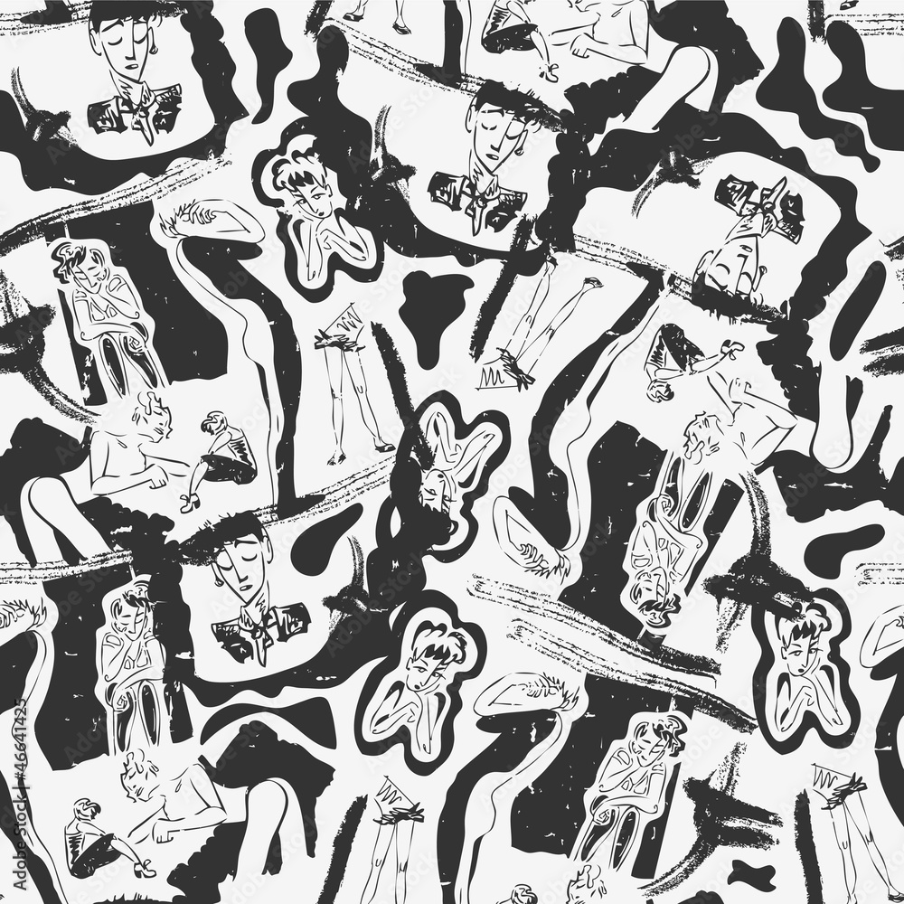 Fototapeta premium Retro seamless pattern with hand drawn sketches of people