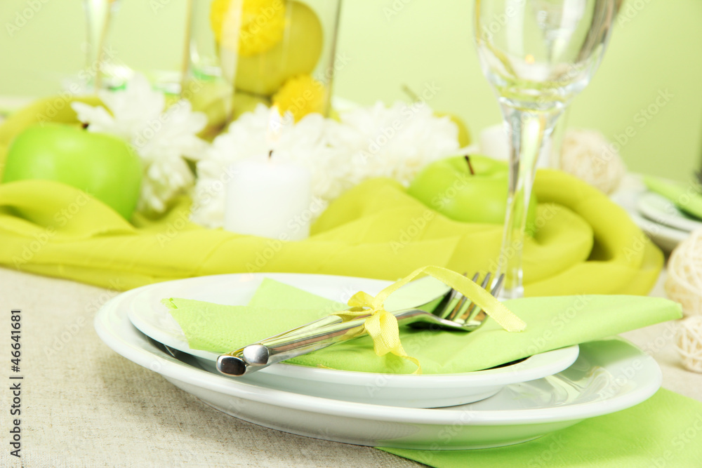 beautiful holiday table setting with apples, close up beautiful holiday table setting with apples, close up