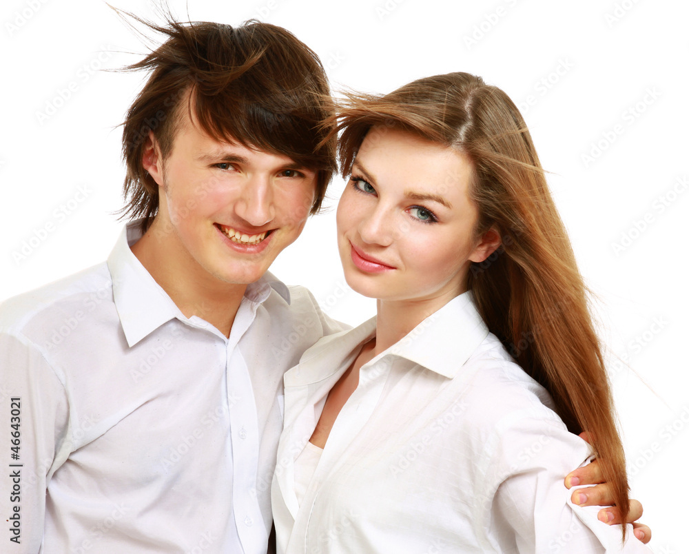Portrait of happy young couple in white Portrait of happy young couple in white