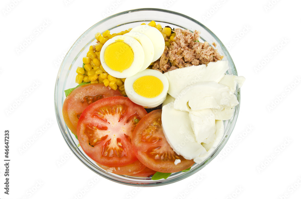 Summer Salad with lettuce,egg,tuna,co rn,tomato and mozzarella Summer Salad with lettuce,egg,tuna,co rn,tomato and mozzarella