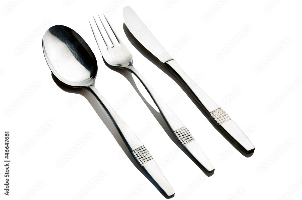 Fork spoon and knife on white background . Fork spoon and knife on white background .