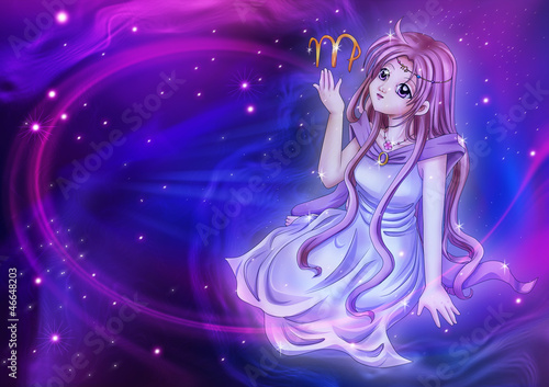 Manga style of zodiac sign on cosmic background, Virgo