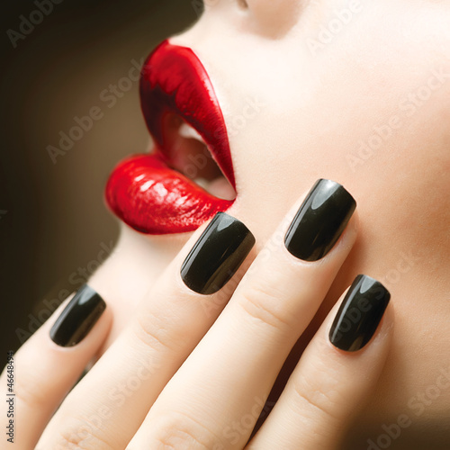 Makeup and Manicure. Black Nails and Red Lips #46648494