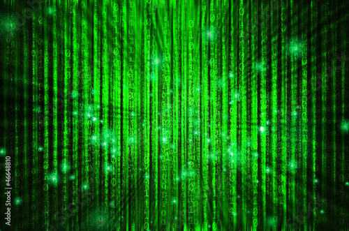 Binary code flowing over a green background