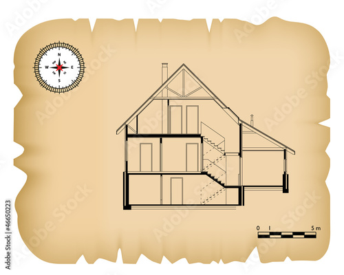 old paper with black house blueprint