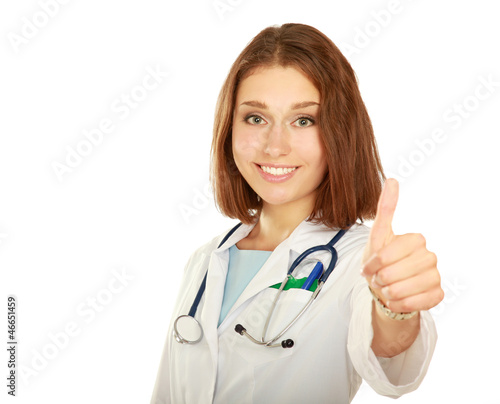 A female doctor shows a sign okay isolated on white background