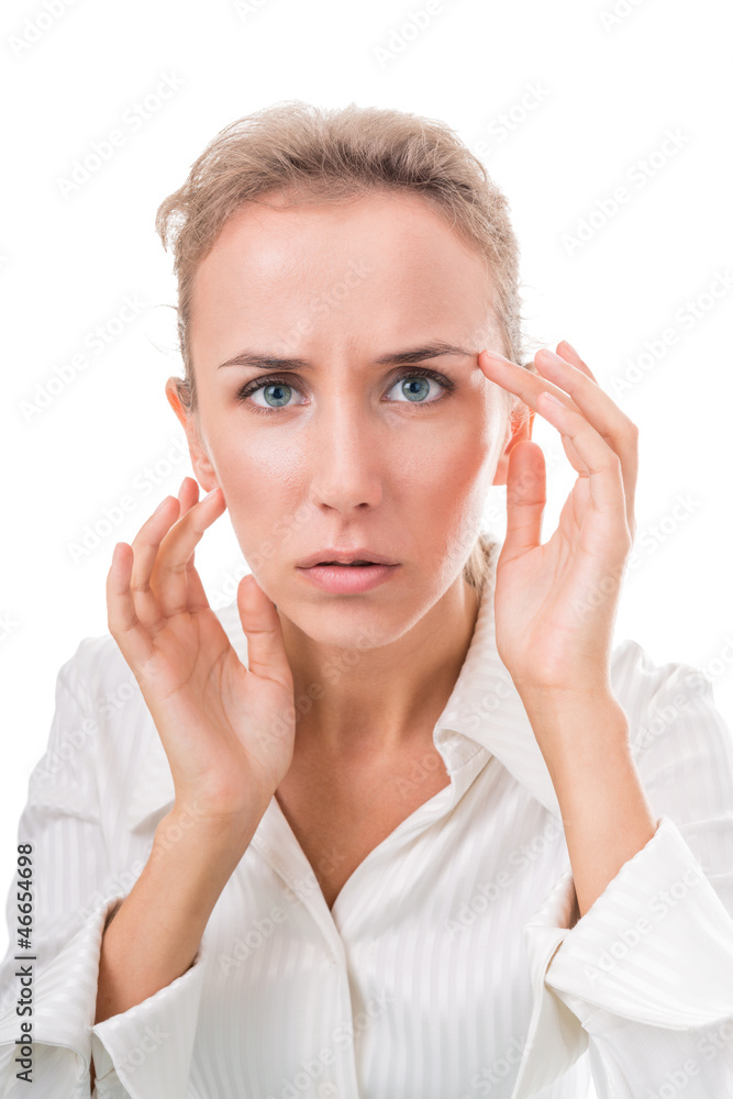 Portrait of a woman, peering hard into the mirrorPortrait of a w Portrait of a woman, peering hard into the mirrorPortrait of a w