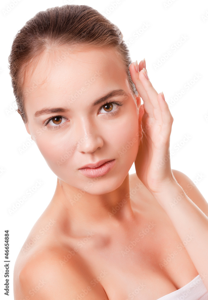 Young woman face on white