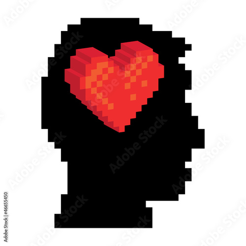 Pixel heart in the pixel head, illustration