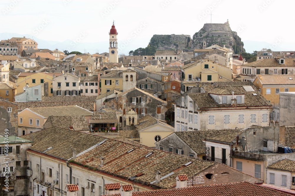 town buildings churches streets and castle on the island of Corfu in Greece	